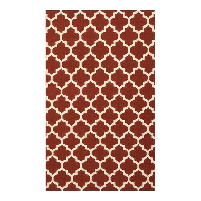 8x10 Coral Flat Weave Wool Lattice Linkage Geometric Modern Carpet Rug For Sale