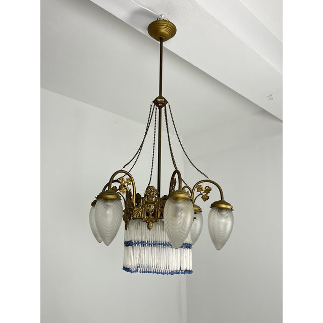 Art Deco 7-Light Chandelier in Brass and Glass, 1940s For Sale - Image 9 of 18