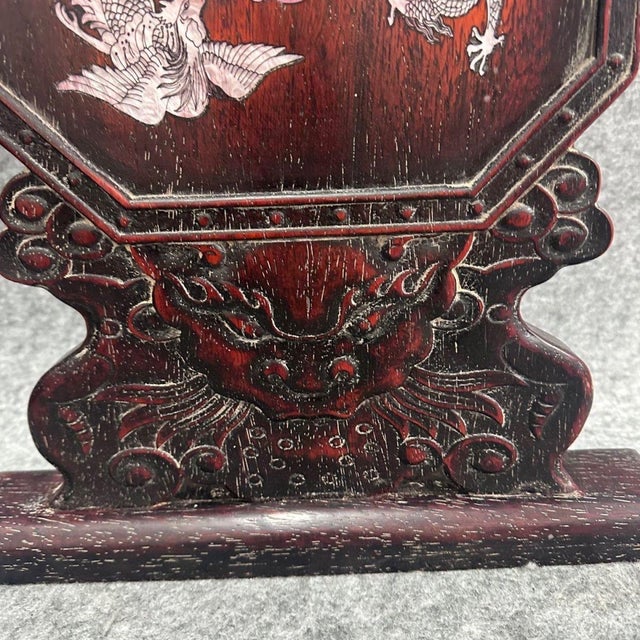 Rosewood Table Screen With Mother of Pearl Inlay, Dragon Phoenix Chinoiserie Desk Decor For Sale In Los Angeles - Image 6 of 8