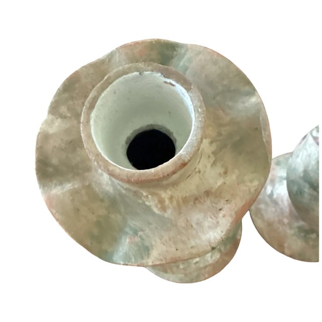 Monumental Vintage Terracotta Candlesticks Raised Rose Relief 15 Inch Pair For Sale - Image 14 of 15