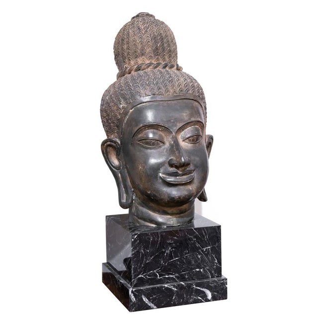 Ancient Buddha Head Sculpture, 19th Century, Bronze and Marble For Sale - Image 3 of 5
