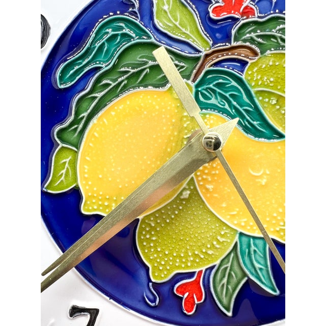 Bordallo Pinheiro Vintage Italian Majolica Style Lemon Ceramic Wall Clock | Hand Painted Citrus Kitchen Decor - Mediterranean, Cottagecore For Sale - Image 4 of 11