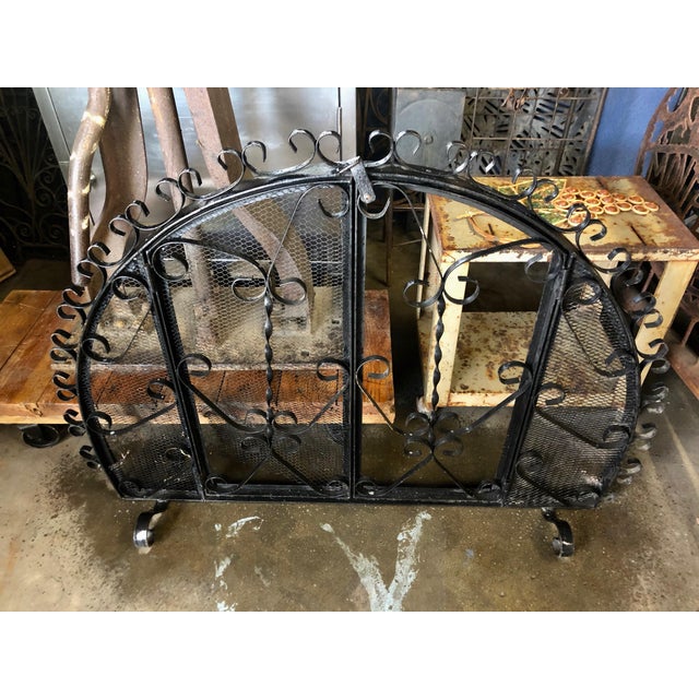 Antique Spanish Revival HandWrought Freestanding Black Arched Iron Fireplace Screen With