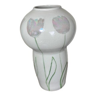 Mid Century Modern Studio Ceramic Vase With Tulip Design and Translucent Glaze, Artist Signed For Sale