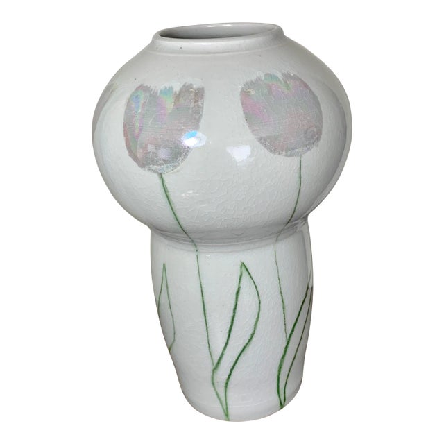 Mid Century Modern Studio Ceramic Vase With Tulip Design and Translucent Glaze, Artist Signed For Sale