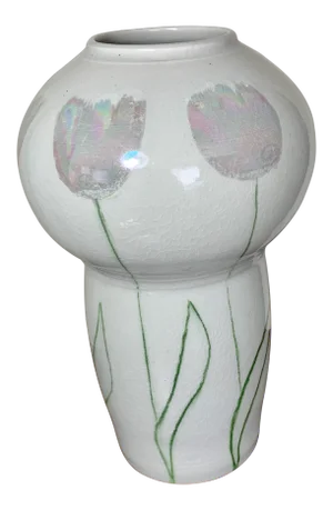 Mid Century Modern Studio Ceramic Vase With Tulip Design and Translucent Glaze, Artist Signed