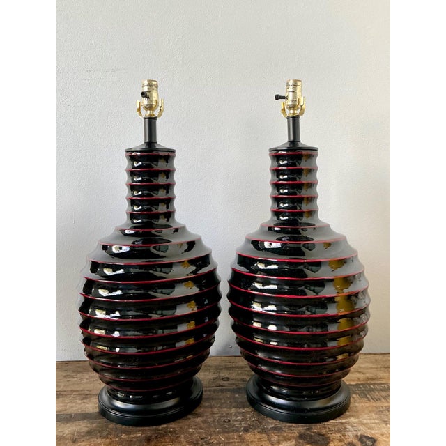 Vintage Glazed Ceramic Ribbed Table Lamps - A Pair For Sale - Image 10 of 13