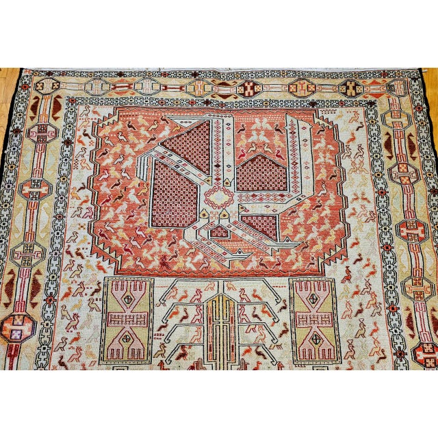 Vintage Persian Shahsavan Soumak Tribal Rug, Handwoven Wool & Silk, Geometric Pattern, Ivory & Red, 4x7 For Sale - Image 11 of 18