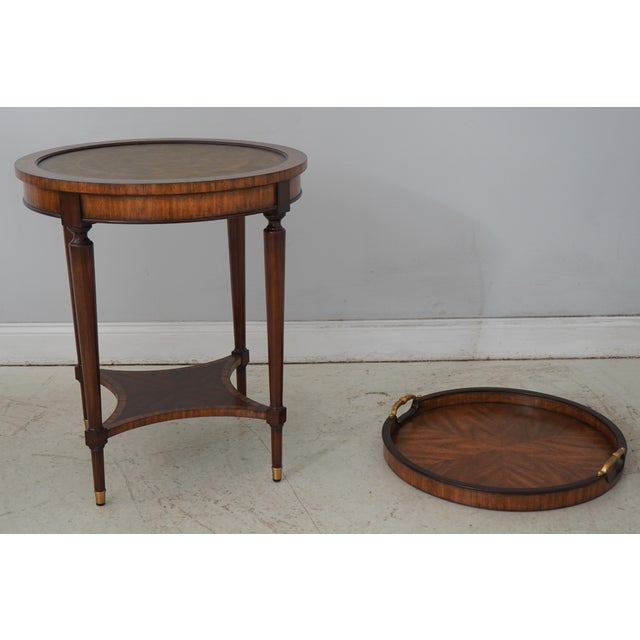 Age: Approx. 5 Years Old Details: Green Tooled Leather Top Removable Serving Tray Brass Capped Feet Solid Brass Hardware...