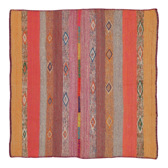 Vintage Peruvian Square Kilim, Polychromatic Geometric Stripes - Rug & Kilim For Sale