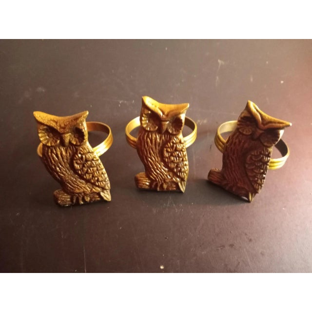 Contemporary 1980s Solid Brass Owl Figurine Napkin Rings- Set of 3 For Sale - Image 3 of 6