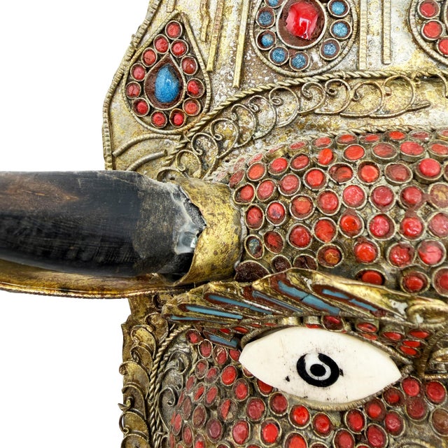 Vintage Tibetan Gilt Copper Jeweled Ritual Mask With Coral and Turquoise Inlay For Sale - Image 9 of 11