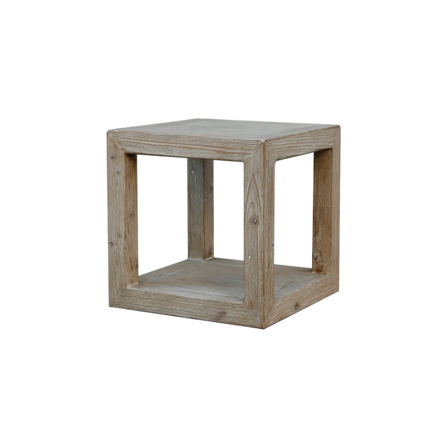 Introducing the Contemporary Weathered White Wash Wood Peking Ming Square Side Table. Echoing the grace and practicality...