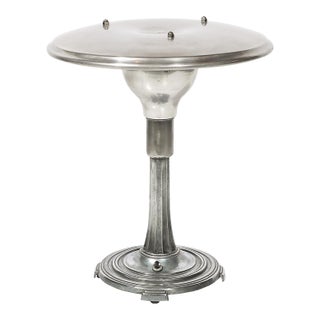 Art Deco Machine Age Saucer Form Polished Aluminum Table Lamp W/ Sculptural Base For Sale