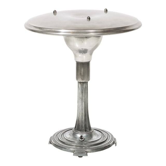 Art Deco Machine Age Saucer Form Polished Aluminum Table Lamp W/ Sculptural Base For Sale