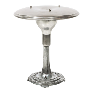 Art Deco Machine Age Saucer Form Polished Aluminum Table Lamp W/ Sculptural Base