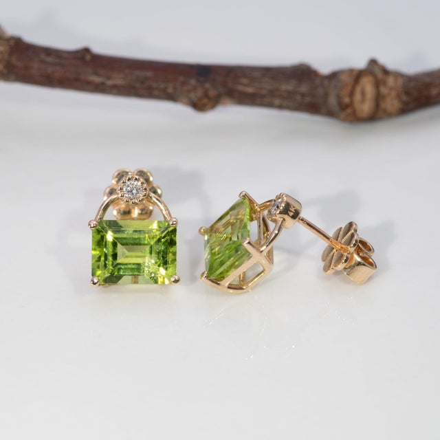 2020s 3.3Ct Peridot Earrings With Earth-Mined Diamond Accents in Solid 14k Gold, 8x6mm For Sale - Image 5 of 8