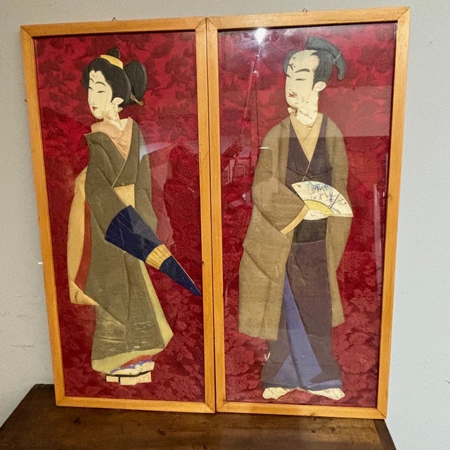 Japanese Artist, Characters Wearing Clothes, Early 1900s, Paintings on Panel, Set of 2 For Sale - Image 3 of 8