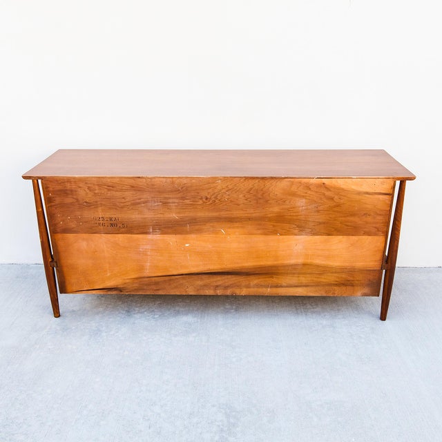 Restored 1950s Mount Airy Walnut & Brass Sculptural Mid Century Lowboy Dresser, Attributed For Sale - Image 10 of 12
