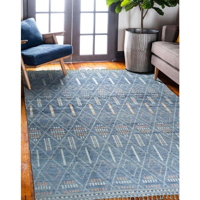 Cornflower Blue 8x11 Blue Hand-Knotted Wool Linear Diamond Grid Geometric Modern Carpet Rug For Sale - Image 8 of 8