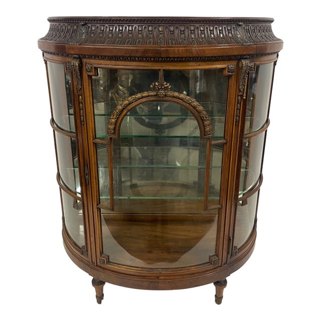 Antique Demilune French Louis XV Walnut Vitrine Display Cabinet For Sale