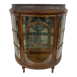 Antique Demilune French Louis XV Walnut Vitrine Display Cabinet