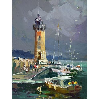Oil Painting Ships Moored at the Lighthouse Yuriy Suprunchuk For Sale