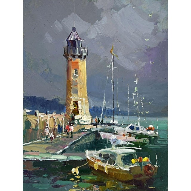Oil Painting Ships Moored at the Lighthouse Yuriy Suprunchuk For Sale