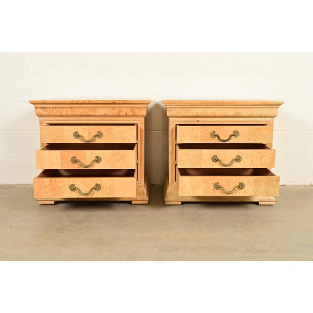 Late 20th Century Henredon French Regency Charles X Burl Wood Bedside Chests, Pair For Sale - Image 5 of 12