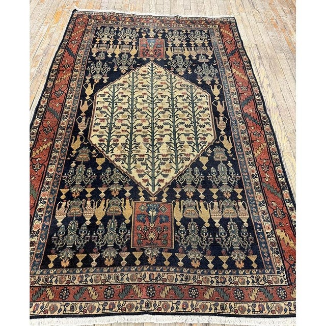 Persian 1890s Small Deep Blue Classic Vase Medallion Antique Senneh Knotted Wool Rug For Sale - Image 3 of 8