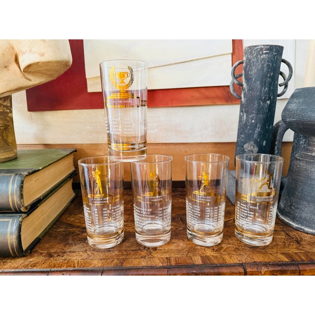 Mid-Century Modern Vintage 1950s Sport Kings Gold Highball Glasses Set of 5 Collectible Sports Barware For Sale - Image 3 of 10
