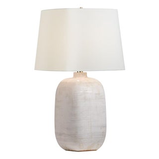 Chapman & Myers by Visual Comfort Signature Pemba Large Combed Table Lamp in Glossy White Crackle with Linen Shade For Sale