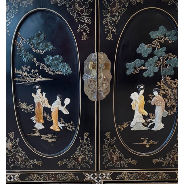 Vintage Chinese Black Lacquer Cabinet With Mother-of-Pearl Figures For Sale - Image 11 of 11