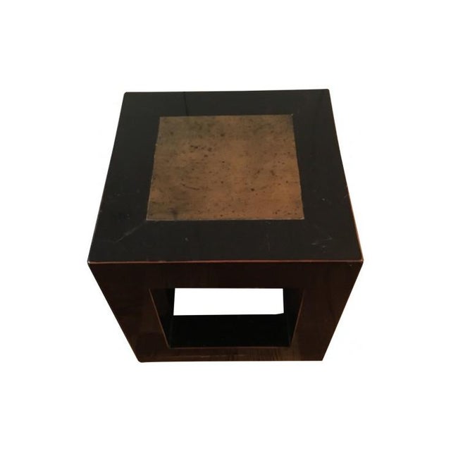 Vintage Chinese black lacquer cube side tables of elm wood construction with stone inlay. Beautiful as side or center tables