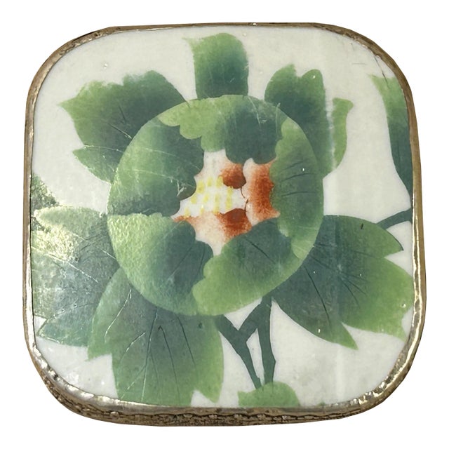 3.5" Chinese Old White Base Pink Flower Graphic Porcelain Art Pewter Box For Sale