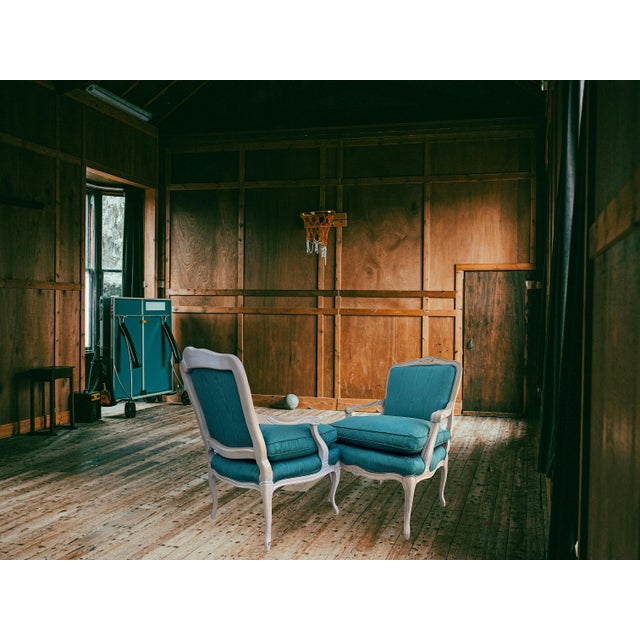 French Style Bergere Armchairs With Teal Blue Upholstery by Sam Moore, a Pair For Sale - Image 9 of 14