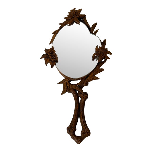 Signed Black Forest Edelweiss Hand Mirror- Circa 1920 For Sale