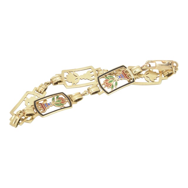 Egyptian Revival Lotus Enamel Gold Bracelet For Sale
