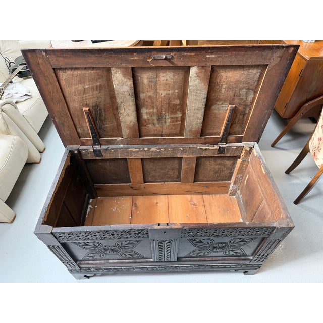 Vintage Carved Oak Coffer For Sale - Image 4 of 6