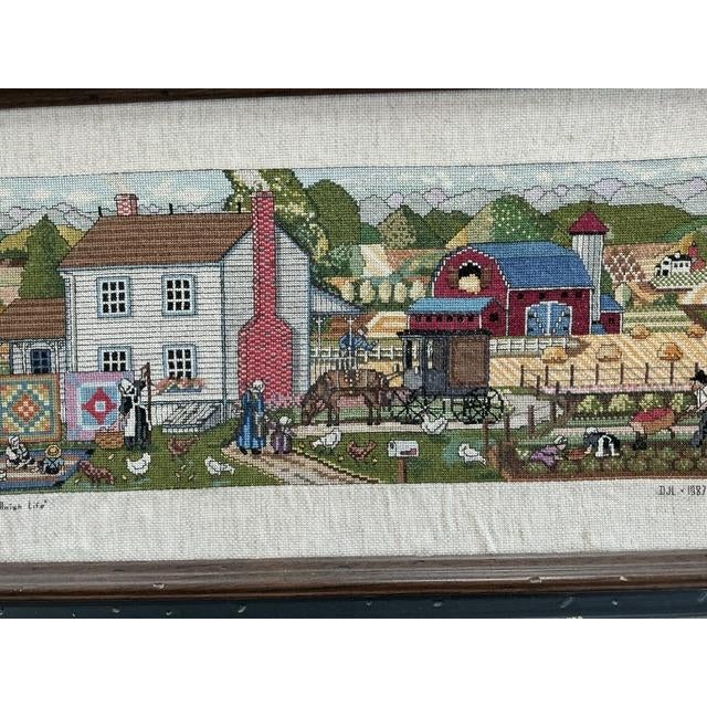 Beautiful, handmade cross stitch / needlepoint scene of saltbox house, quilts and farm scene complete with animals and...