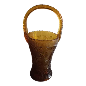 1960 Indiana Glass Tiara Sandwich Amber Glass Top Handle Basket Vase