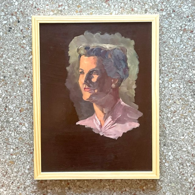 Coffee Vintage Boho 1950s Signed Original Oil Portrait on Board For Sale - Image 8 of 8