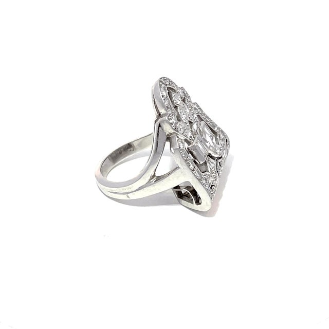 Mid 20th Century Antique 14k White Gold Art Deco Cocktail Ring With 1.5 CTW Diamonds, Size 4.5 For Sale - Image 5 of 10
