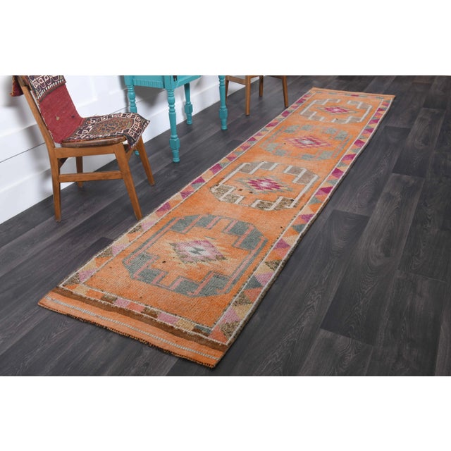 1970s 1970s Vintage Turkish Hand-Knotted Wool Cotton Orange Runner Rug For Sale - Image 5 of 11