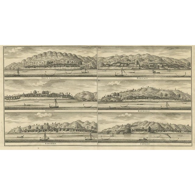 Antique print titled 'Nieuw Lissabatta, Keffing, Kamarïen, Rarackit, Roemakay, Caybobo'. This print shows various Dutch...