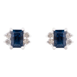 Art Deco Style Emerald Cut Sapphire & Diamond Stud Earrings in 14k White Gold- A Pair For Sale