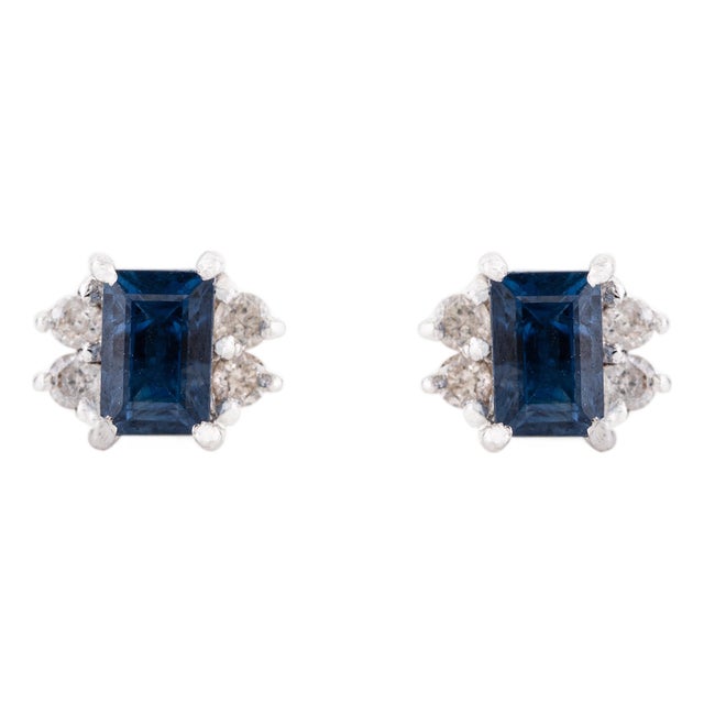 Art Deco Style Emerald Cut Sapphire & Diamond Stud Earrings in 14k White Gold- A Pair For Sale