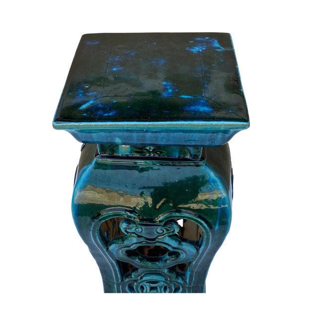 2020s Ceramic Clay Green Square Tall Pedestal Table Flower Display Stand For Sale - Image 5 of 7