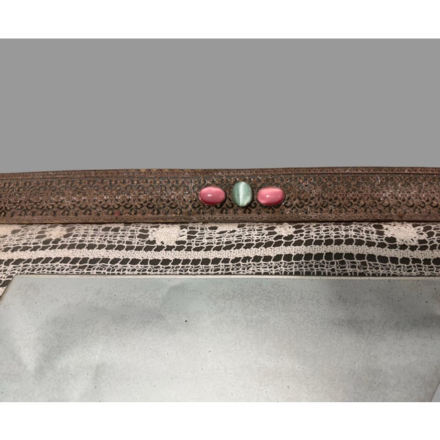 Art Deco Vintage Jewel Decorated Reticulated Metal Framed Mirrored Vanity Dresser Tray For Sale - Image 3 of 6