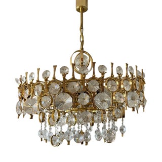 Large Chandelier in Gilded Brass and Crystal from Palwa, Germany, 1970 For Sale